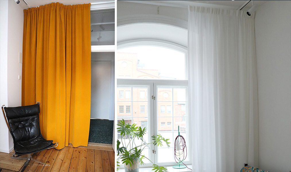 Sydda draperier och gardiner till företaget Ey Doberman i Stockholm.